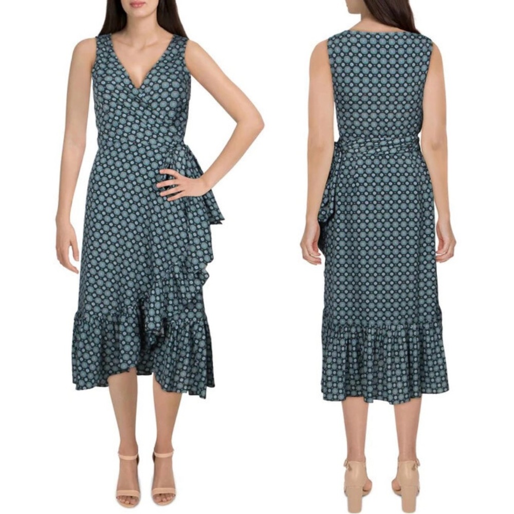 Tory Burch Ruffled Wrap Midi Dress Black Batik Medallion Print